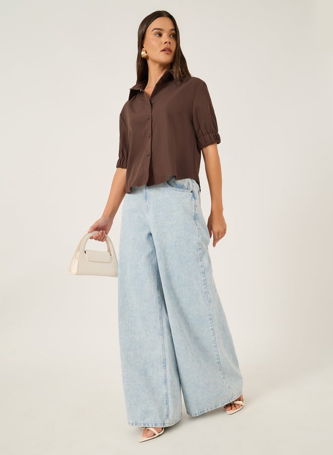 Styli Solid Puff Sleeve Boxy Fit Spread Collar Shirt  - Image 2