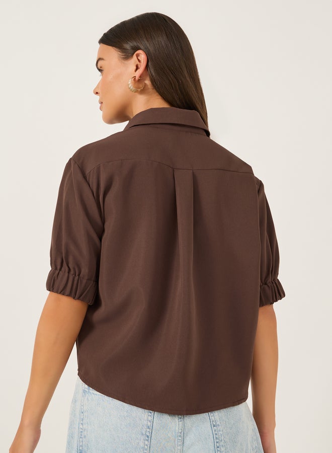 Styli Solid Puff Sleeve Boxy Fit Spread Collar Shirt  - Image 4