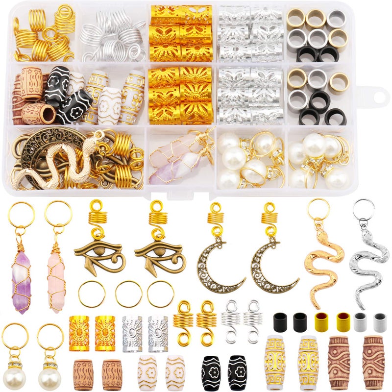 Messen 121Pcs Dreadlocks Jewelry Crystal Wire Wrapped Loc Adornment Imitation Wood Beads Braid Accessories Hair Cuffs Beard Tube Beads Pearl Pendants for Braids Hair Clip Decoration - Image 1