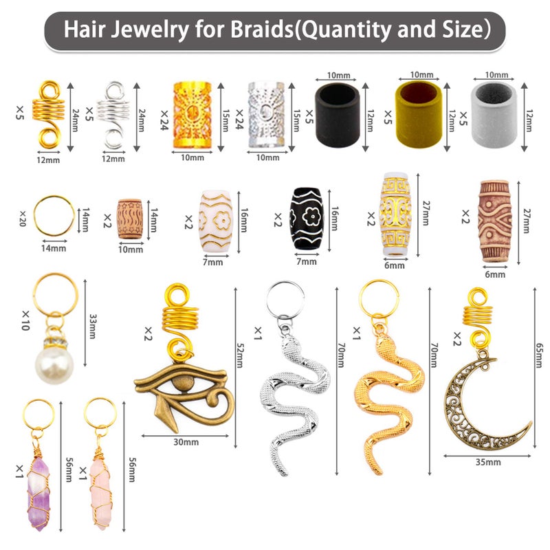 Messen 121Pcs Dreadlocks Jewelry Crystal Wire Wrapped Loc Adornment Imitation Wood Beads Braid Accessories Hair Cuffs Beard Tube Beads Pearl Pendants for Braids Hair Clip Decoration - Image 2