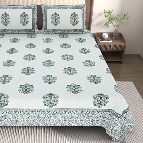 EasyGoods® 240 TC Pure Cotton Bedsheet for Double Bed, King & Queen Size Bed, Jaipuri Rajasthani Design with 2 Pillow Covers, Extra Soft & Wrinkle Free (Green) - Image 1