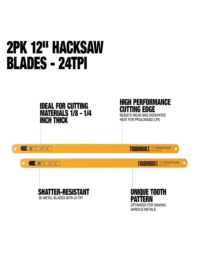 ToughBuilt - 2 Pack 12-Inch Hacksaw Blades 24 TPI, High-Carbon Steel Replacement Blades for Clean Metal and Plastic Cutting, Durable Precision Blades - Image 2