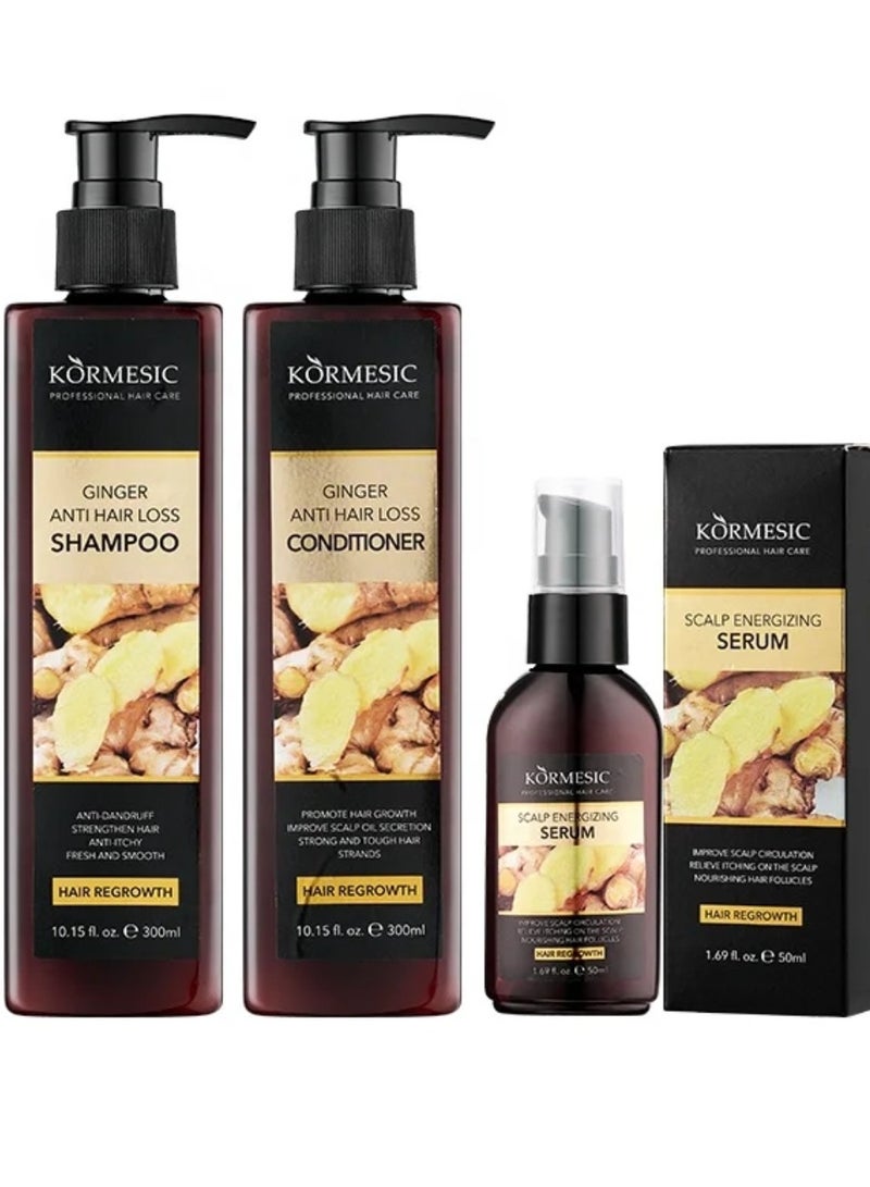 Kormesic 3Pcs Ginger Anti Hair Loss Hair Care Set Natural Shampoo & Conditioner for Daily Use Plus Scalp Energizing Serum for Enhanced Hair Health Suitable for All Hair Types - Image 1
