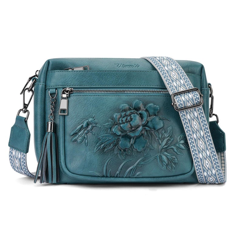 VIMUTI Crossbody Bags for Women Trendy, Vegan Leather Crossbody Purses Travel Shoulder Handbags Embossed Design (Peacock-Blue) - Image 1