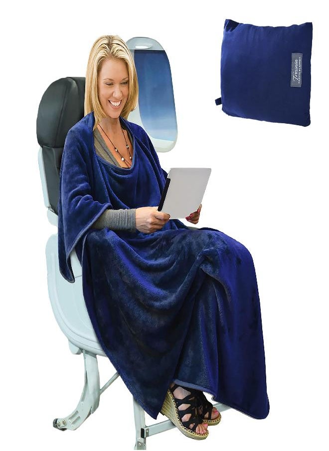 Tirrinia Tirrinia Travel Blanket Airplane Office Poncho 4 in 1 Premium Cozy Fleece Portable Poncho Blankets with Built-in Bag, Pocket  - Image 1