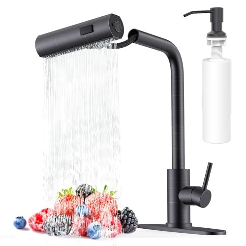 AVSIILE Kitchen Faucets with Pull Down Sprayer & Soap Dispenser, Single Hole & Handle, Oil Rubbed Bronze, Pull Out Tap, Stainless Steel Waterfall Sink Faucet Suitable for Farmhouse Camper Laundry Rv - Image 1