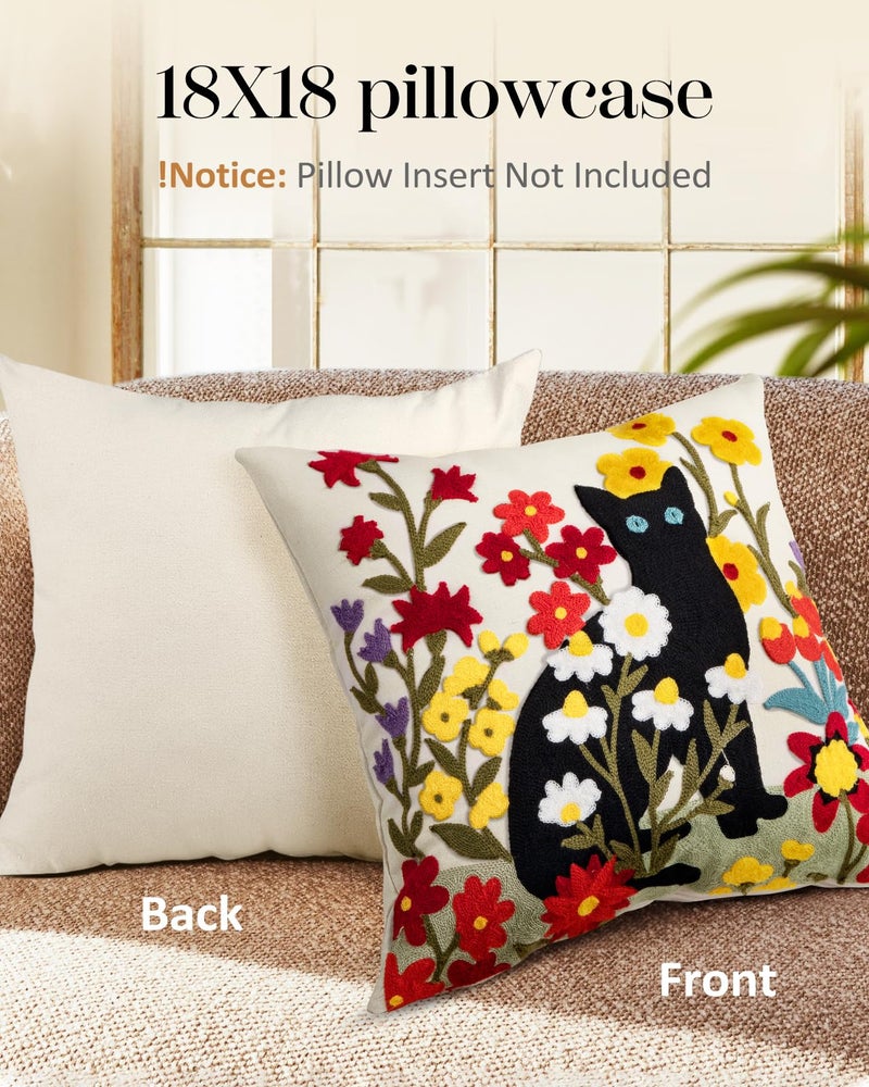 Kokaaee Embroidered Throw Pillow Cover - 18x18 Decorative Pillow Cover with Zipper Aesthetic Cute Design Boho Spring Summer Throw Pillowcase for Living Room Couch Sofa Bed, Flower Cats - Image 4
