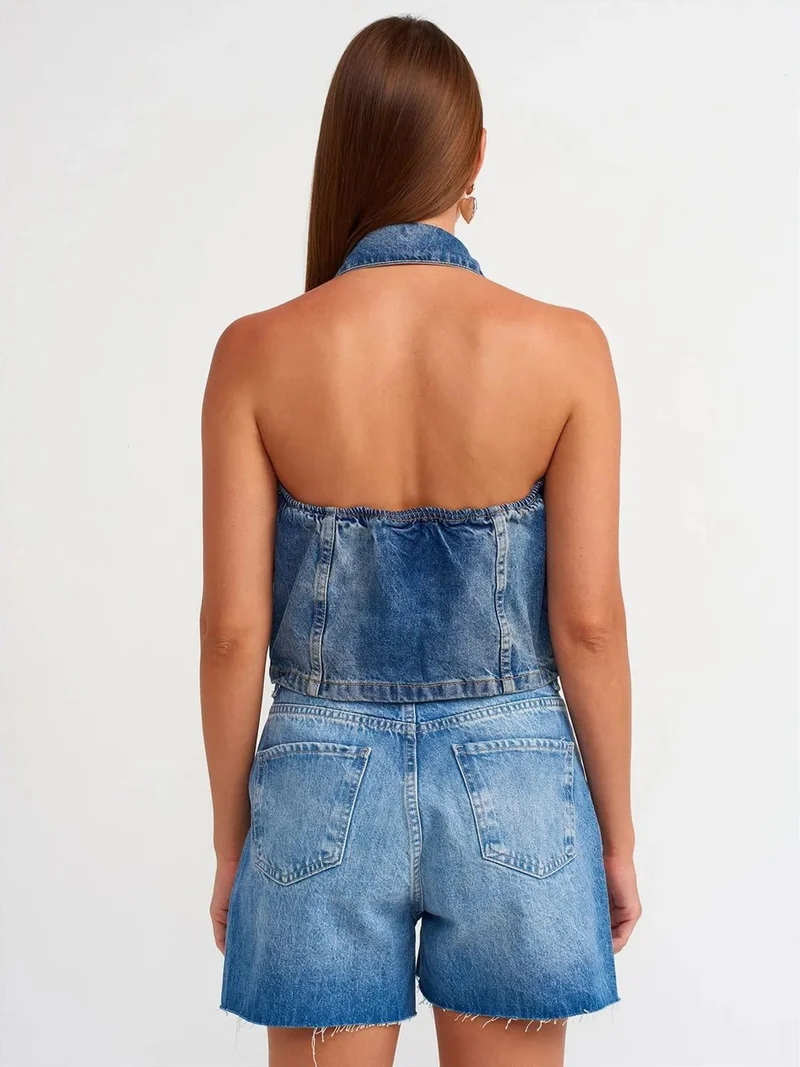 ديلفين Dilvin High-Waist Denim Shorts With Button Closure