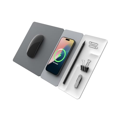 POUT H3 SplitMax 3-in-1 Wireless Charging Mouse Pad – Fast Qi Charger, Mousepad Mat, and Magnetic Tray Organizer – Compatible with Smartphones and Earbuds (Graphite Grey) - Image 1