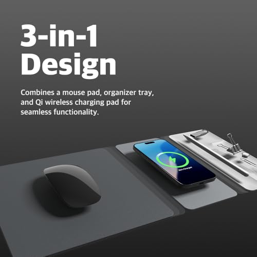 POUT H3 SplitMax 3-in-1 Wireless Charging Mouse Pad – Fast Qi Charger, Mousepad Mat, and Magnetic Tray Organizer – Compatible with Smartphones and Earbuds (Graphite Grey) - Image 2