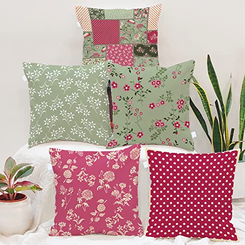 BRICK HOME Set of 5 Polycotton Printed Cushion Covers 24x24 Inches | Floral, Polka & Patchwork Design | Sage Green, Blush Pink & Cream | Soft Decorative Pillow Covers for Sofa, Couch & Living Room - Image 1
