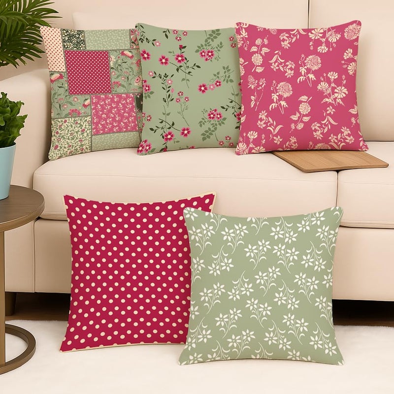 BRICK HOME Set of 5 Polycotton Printed Cushion Covers 24x24 Inches | Floral, Polka & Patchwork Design | Sage Green, Blush Pink & Cream | Soft Decorative Pillow Covers for Sofa, Couch & Living Room - Image 2