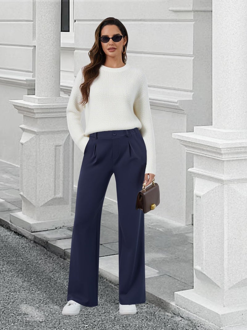 COPYLEAF Womens Dress Pants Wide Leg Stretchy Work Pants with Pockets Elastic Waist Pleated Front Business Casual Slacks(Navy Blue XL) - Image 3