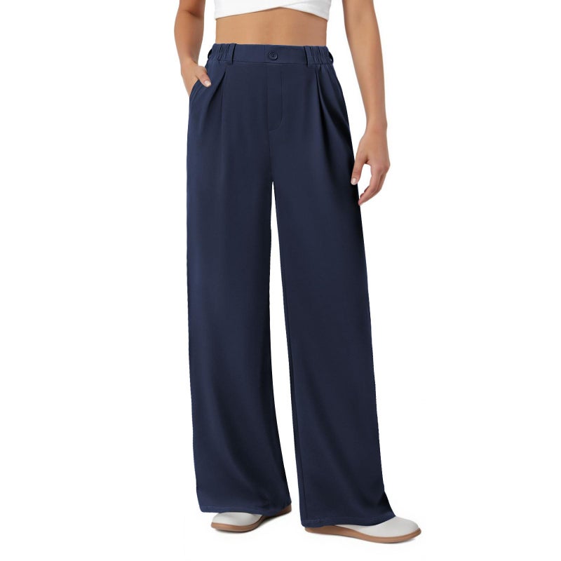 COPYLEAF Womens Dress Pants Wide Leg Stretchy Work Pants with Pockets Elastic Waist Pleated Front Business Casual Slacks(Navy Blue XL) - Image 1