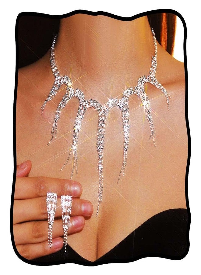 TWINKLEDE Rhinestone Necklace and Earrings Set Silver Crystal Tassel Necklaces for Prom Bridal Wedding Jewelry Sets - Image 1