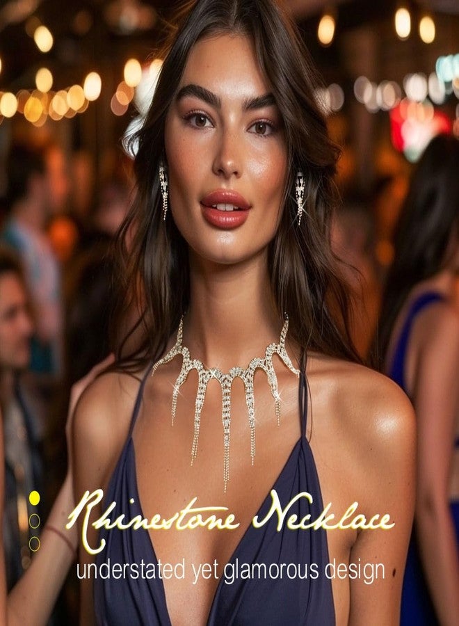 TWINKLEDE Rhinestone Necklace and Earrings Set Silver Crystal Tassel Necklaces for Prom Bridal Wedding Jewelry Sets - Image 3