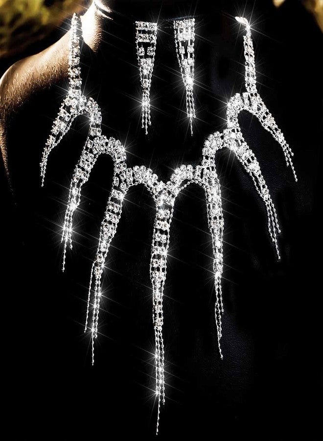 TWINKLEDE Rhinestone Necklace and Earrings Set Silver Crystal Tassel Necklaces for Prom Bridal Wedding Jewelry Sets - Image 2