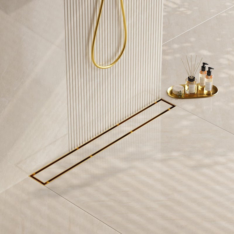 Neodrain مصرف دش خطي ذهبي بطول 36 بوصة، غطاء مسطح وقرص بلاط 2 في 1، مصرف خطي من الفولاذ المقاوم للصدأ، مصرف دش مستطيل من النحاس المصقول مع مصفاة شعر، معتمد من CUPC - Image 1