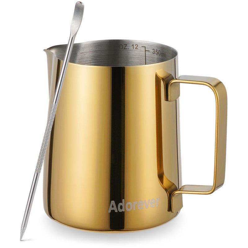 Adorever Milk Frothing Pitcher 350ml 12oz Steaming Pitchers Stainless Steel Milk Coffee Cappuccino Latte Art Barista Steam Pitchers Milk Jug Cup with Decorating Art Pen Gold 
