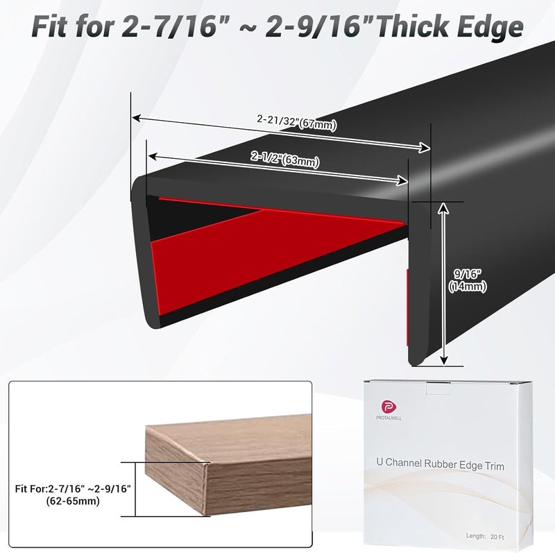 Protalwell Rubber Edge Trim, 2-1/2 inch Wide U Channel Edge Trim, Big Size U Shaped Trim, Self Adhesive Edge Banding for Plywood, Woods, Doors, Shelf, Cabinet, Countertop, Length 20Ft, Black Gloss Finish - Image 2