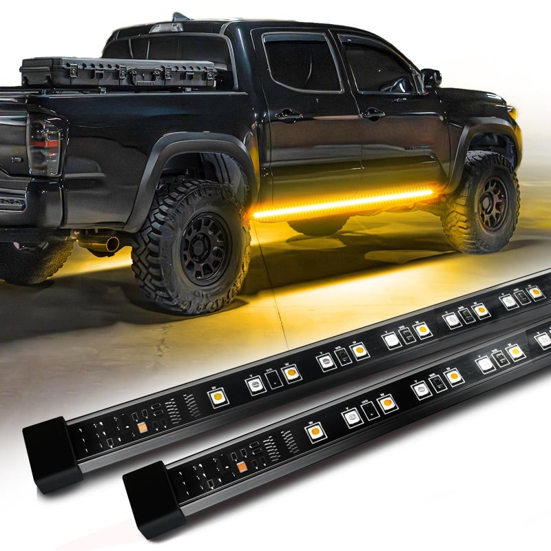 OPT7 Sidekick 86 Running Board Lights 2PCS LED Strips wSequential Amber Turn Signal DRL White Courtesy Light for Extended Crew Cab Trucks Pickup Trailer