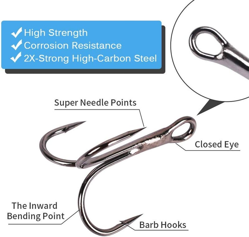 UCEC طقم خطاطيف صيد ثلاثية للمالح والعذب، فولاذ كربوني عالي القوة حاد مع انحناء دائري لصيد سمك القط والتروت، مقاس #1#2#4#6#8#10#12#14 110/50/210 مع حلقات مفصولة - Image 2