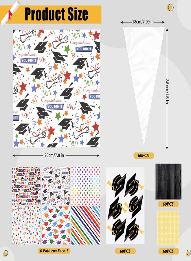 POPGIFTU DIY Graduation Party Favors Ideas - 60 Pack Graduation Sweet Cone-shaped Treats Bags Kit with Clear Candy Bags, Grad Card Paper & Gift Tag for Grad Ceremony Party Decor (Candy Not Included) - Image 2