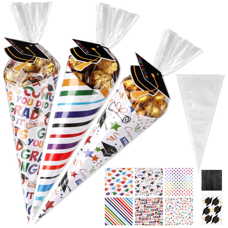 POPGIFTU DIY Graduation Party Favors Ideas - 60 Pack Graduation Sweet Cone-shaped Treats Bags Kit with Clear Candy Bags, Grad Card Paper & Gift Tag for Grad Ceremony Party Decor (Candy Not Included) - Image 1