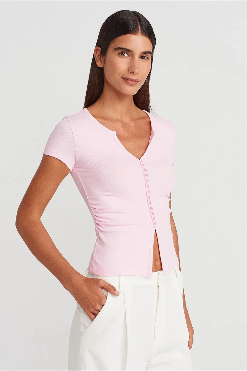 DILVIN Slim Fit V-Neck Button Blouse