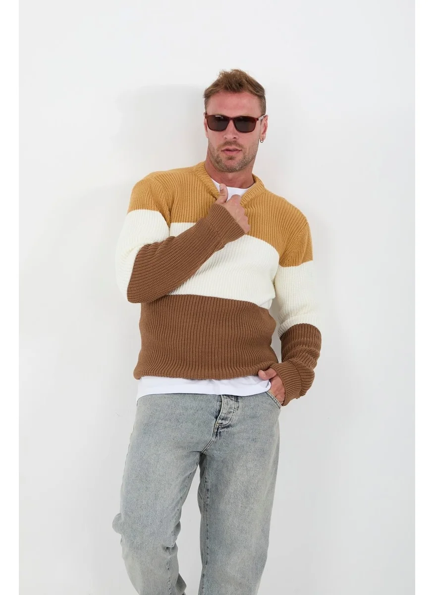 Valiberta Piece Pattern Crew Neck Men's Sweater - Beige