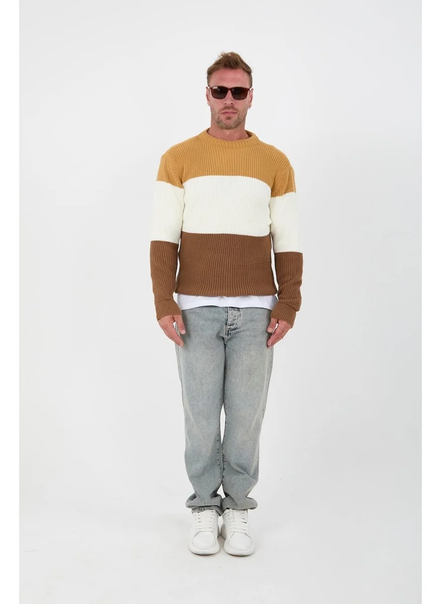 Valiberta Piece Pattern Crew Neck Men's Sweater - Beige