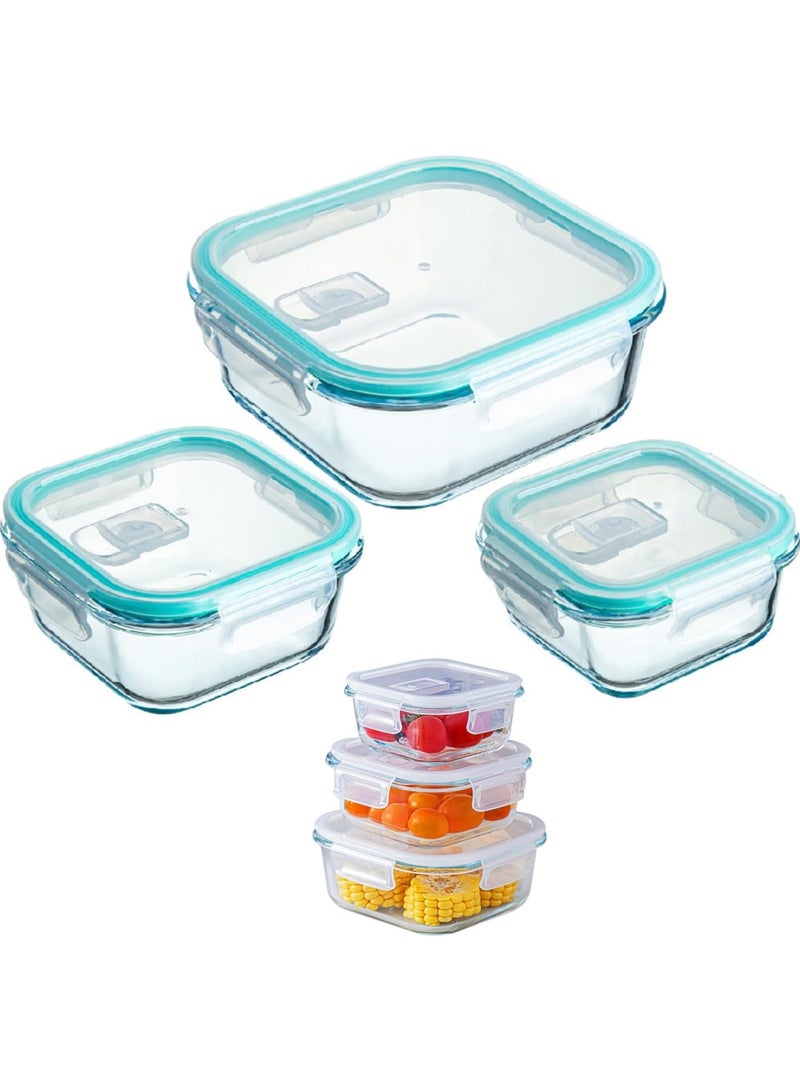 TYCOM Glass Meal Prep Containers (3 pcs Square) - Glass Food Storage Containers with Lids, Glass Lunch Box, Portion Control, Airtight, Glass Bento Box Lunch Containers- 3P Square Blue - Image 1