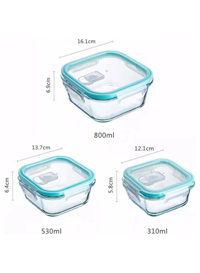TYCOM Glass Meal Prep Containers (3 pcs Square) - Glass Food Storage Containers with Lids, Glass Lunch Box, Portion Control, Airtight, Glass Bento Box Lunch Containers- 3P Square Blue - Image 2