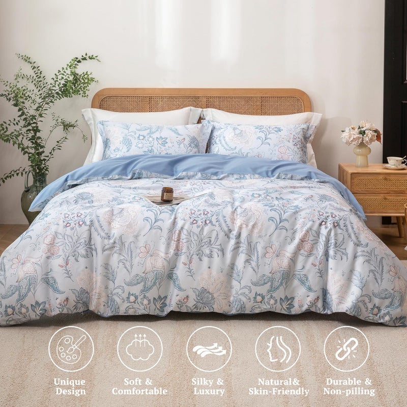 MILDLY Queen Size Duvet Cover Set 100% Long-Staple Cotton Luxury Paisley Floral Patten Reversible Comforter Cover Set 3Pcs - Image 2