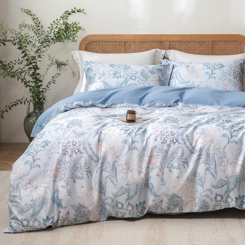 MILDLY Queen Size Duvet Cover Set 100% Long-Staple Cotton Luxury Paisley Floral Patten Reversible Comforter Cover Set 3Pcs - Image 1
