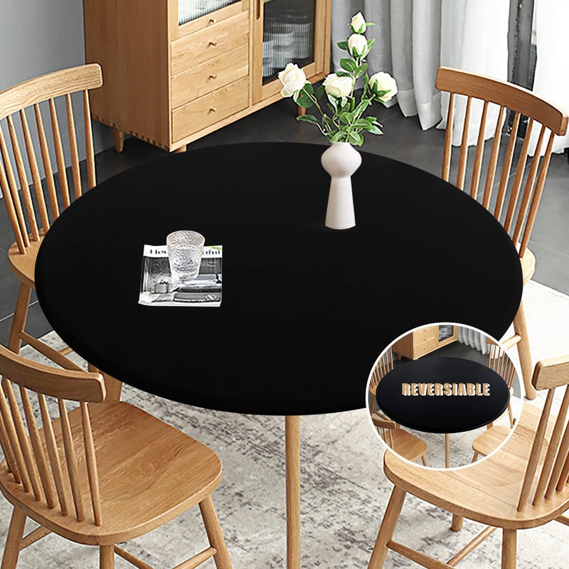 Obstal Fitted Round Table Cloth, Reversible Waterproof Stain Resistant Elastic Stretch Tablecloth, Wipe Clean Table Cover for Outdoor/Indoor Use, Fits Round Tables up to 40" - 44" Diameter, Black - Image 1