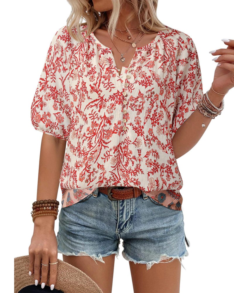 Unixseque Womens Tops Casual: Plus Size Womens Clothing V Neck Floral - Cruise Shirts Women - Bohemian Peasant Blouses Country Concert Tops Button Down Shirts Multi Red Floral XL - Image 2