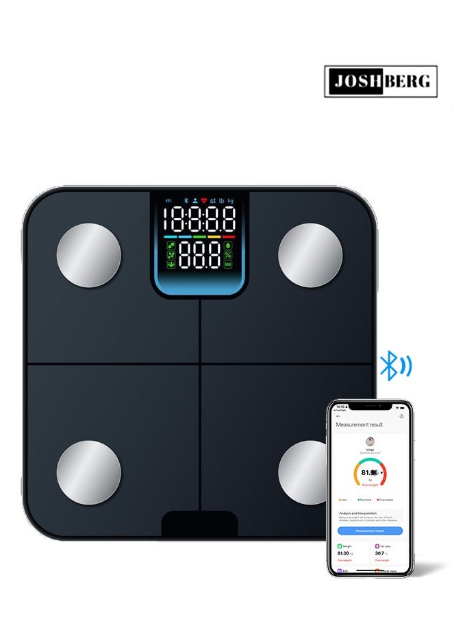 جوشبيرغ مقياس دهون الجسم بتقنية البلوتوث ، موازين وزن الحمام الرقمية الذكية مع شاشة عرض ملونة ، 25 محلل تكوين الجسم بما في ذلك مؤشر كتلة الجسم ، دهون الجسم ، العضلات ، العظام ومؤشر الدهون الحشوية ، تطبيقات مزامنة مراقب الصحة ، يدعم ربط 10 مستخدمين ، 22 لغة ، 50 جم / 0.1 رطل ، سي اف 632بل - Image 1