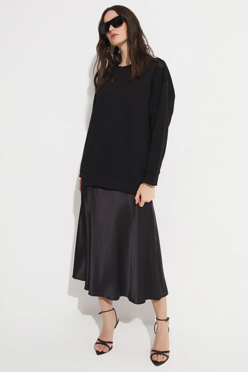 جون Women's Cotton Blend Oversize/Wide Pattern Crew Neck Basic Knitted Sweatshirt