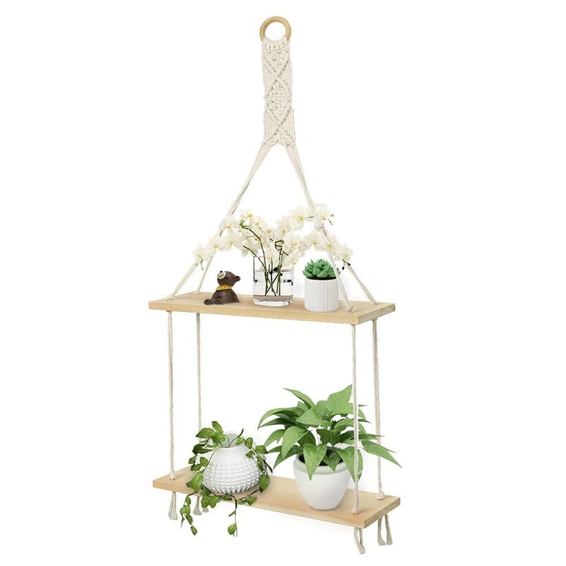 Afuly Macrame Wall Hanging Shelf Boho Floating Shelves Cotton Rope Rustic Home Decor 2 Tiers Plant Hanger Photo Display Tissue Towel Storage Organizer for Living Room Bedroom Bathroom Hallway, Beige - Image 1
