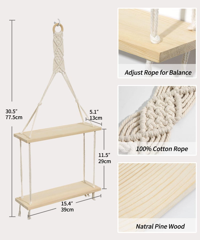 Afuly Macrame Wall Hanging Shelf Boho Floating Shelves Cotton Rope Rustic Home Decor 2 Tiers Plant Hanger Photo Display Tissue Towel Storage Organizer for Living Room Bedroom Bathroom Hallway, Beige - Image 3
