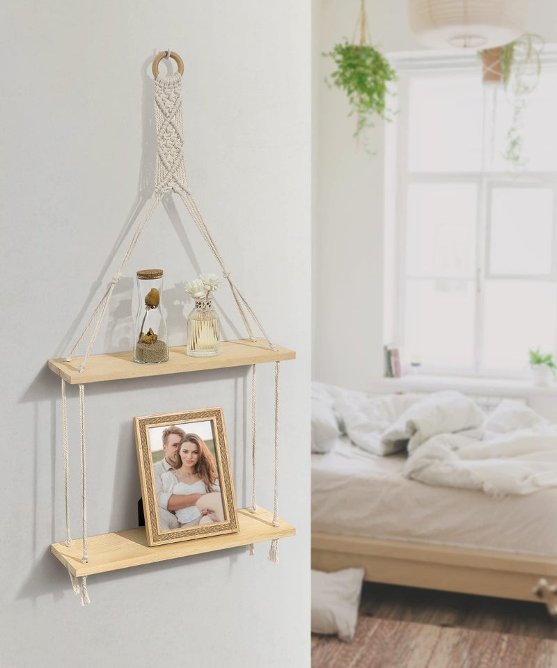 Afuly Macrame Wall Hanging Shelf Boho Floating Shelves Cotton Rope Rustic Home Decor 2 Tiers Plant Hanger Photo Display Tissue Towel Storage Organizer for Living Room Bedroom Bathroom Hallway, Beige - Image 5