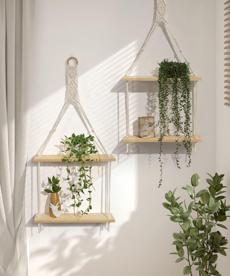 Afuly Macrame Wall Hanging Shelf Boho Floating Shelves Cotton Rope Rustic Home Decor 2 Tiers Plant Hanger Photo Display Tissue Towel Storage Organizer for Living Room Bedroom Bathroom Hallway, Beige - Image 2