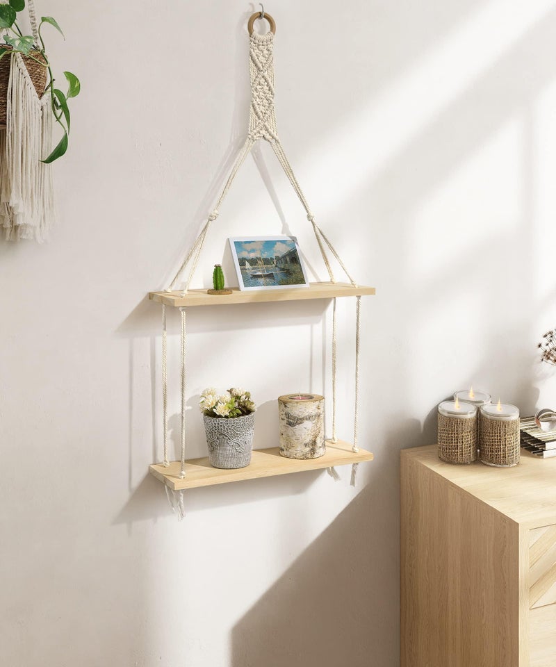 Afuly Macrame Wall Hanging Shelf Boho Floating Shelves Cotton Rope Rustic Home Decor 2 Tiers Plant Hanger Photo Display Tissue Towel Storage Organizer for Living Room Bedroom Bathroom Hallway, Beige - Image 4