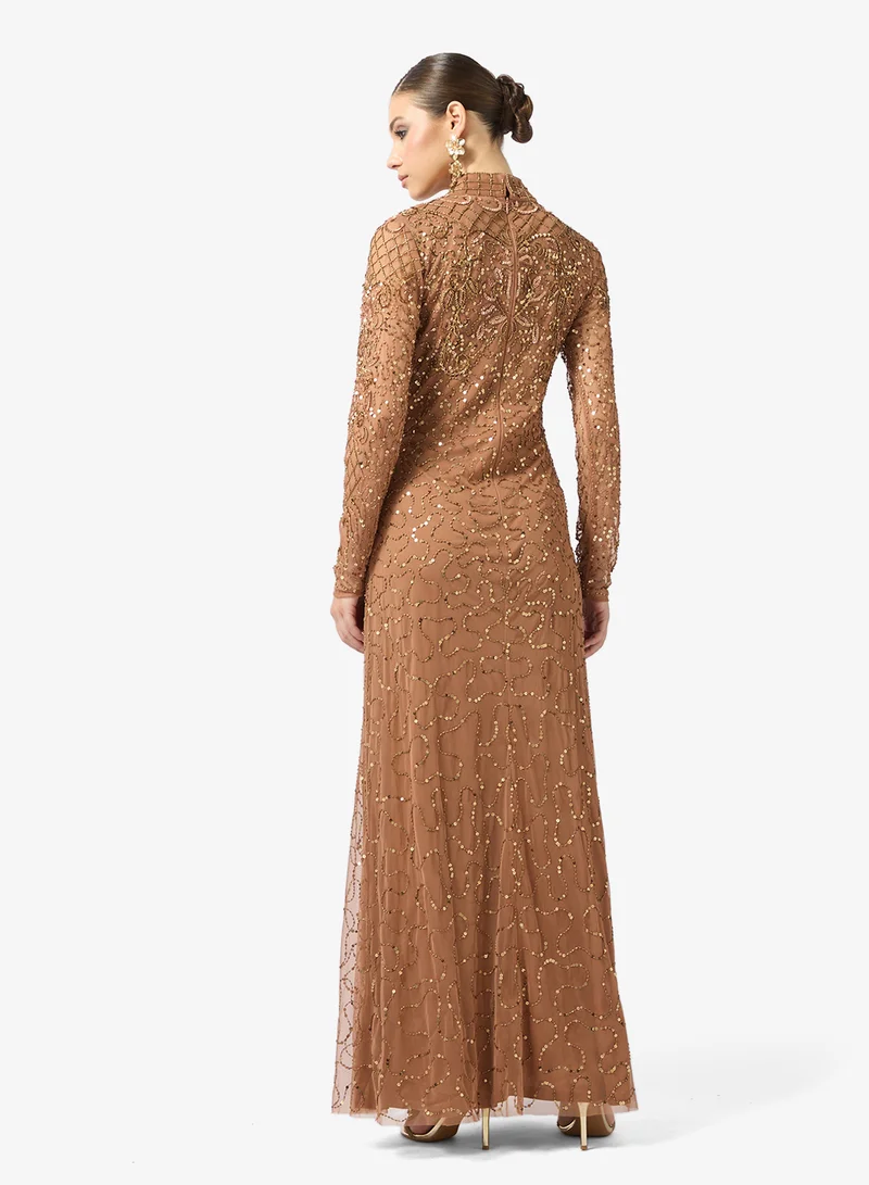 Amelia Rose high neck mesh detailed maxi dress