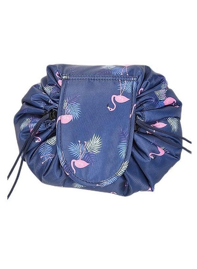 OffyBird Waterproof Lazy Cosmetic Bag with Drawstring, Portable Travel Makeup Organizer Pouch, Large Capacity Toiletry Kit, Foldable Pouch for Women Makeup Brush Holder (Blue Famingo) - Image 1