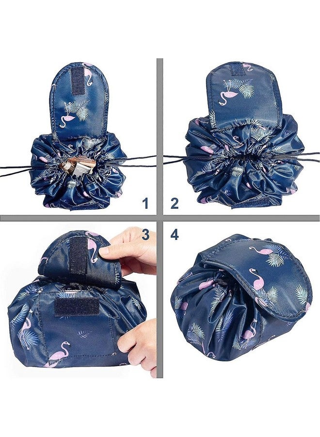 OffyBird Waterproof Lazy Cosmetic Bag with Drawstring, Portable Travel Makeup Organizer Pouch, Large Capacity Toiletry Kit, Foldable Pouch for Women Makeup Brush Holder (Blue Famingo) - Image 5