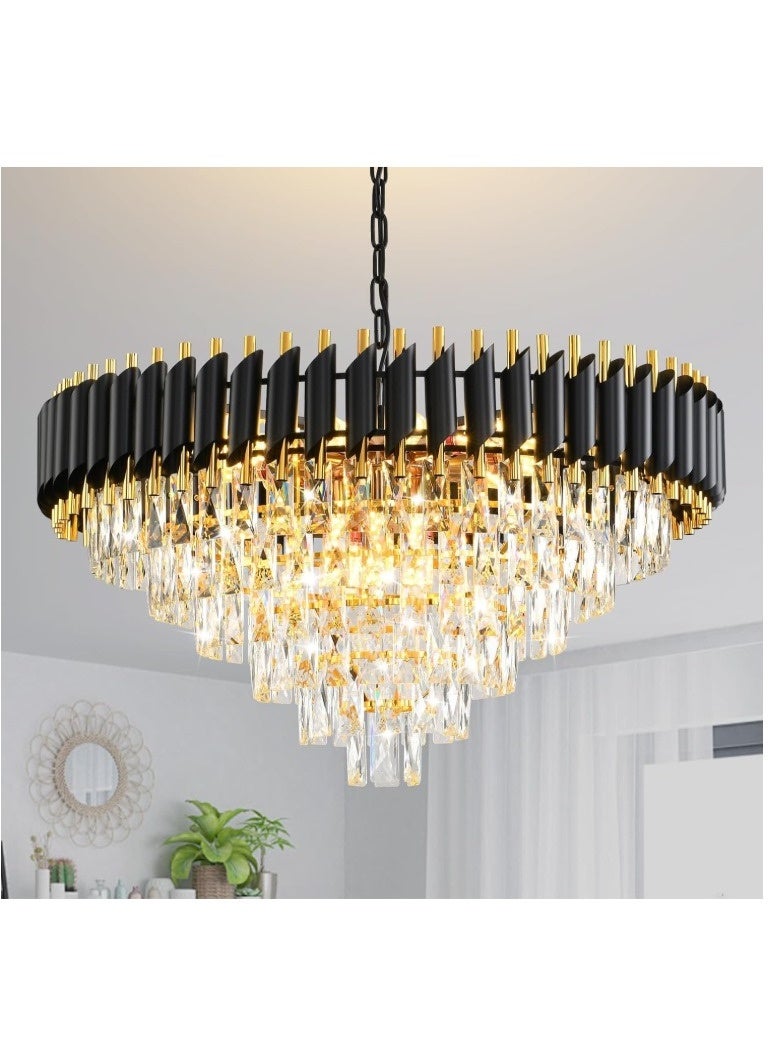 المفتاحة ثريا كريستالية عصرية فاخرة - وحدة إضاءة سقفية أنيقة باللونين الذهبي والأسود لغرفة المعيشة أو غرفة الطعام أو الردهة | إضاءة كبيرة مميزة بسلسلة قابلة للتعديل وتصميم كريستالي مبهر - Image 1