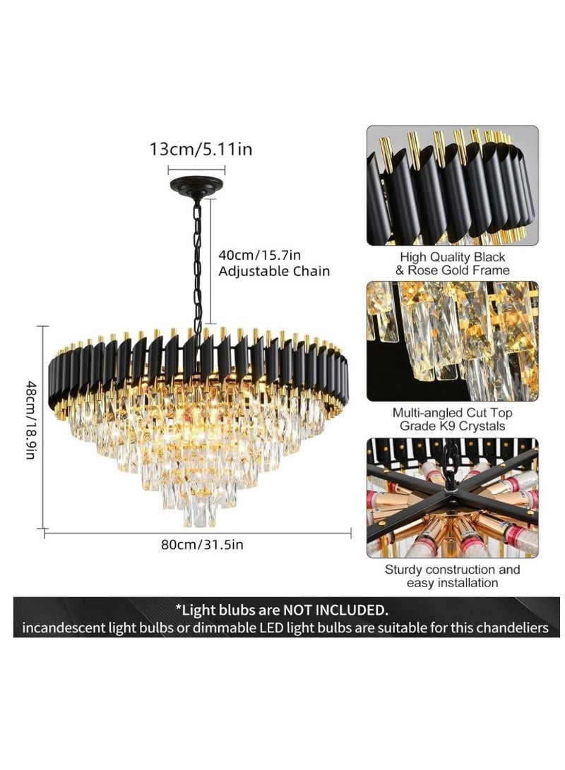 المفتاحة ثريا كريستالية عصرية فاخرة - وحدة إضاءة سقفية أنيقة باللونين الذهبي والأسود لغرفة المعيشة أو غرفة الطعام أو الردهة | إضاءة كبيرة مميزة بسلسلة قابلة للتعديل وتصميم كريستالي مبهر - Image 2