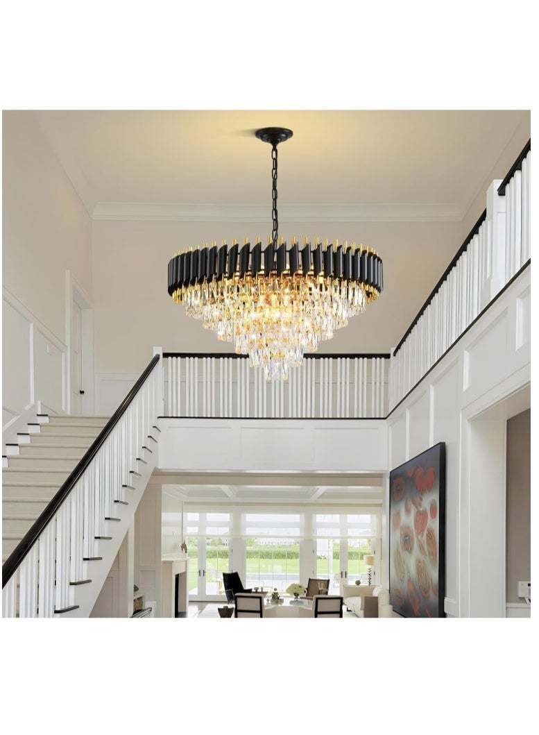 المفتاحة ثريا كريستالية عصرية فاخرة - وحدة إضاءة سقفية أنيقة باللونين الذهبي والأسود لغرفة المعيشة أو غرفة الطعام أو الردهة | إضاءة كبيرة مميزة بسلسلة قابلة للتعديل وتصميم كريستالي مبهر - Image 3